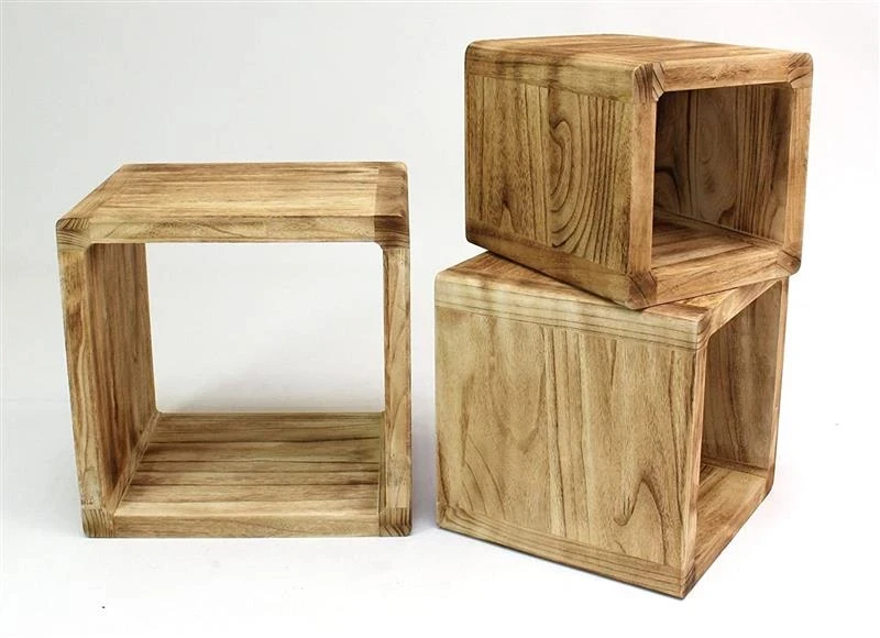 3 Regale "Geflammt" aus Holz, Würfelregale, Regalset, Cubes
