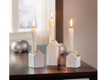 3x Kerzenhalter 'Häuschen' aus Porzellan, weiß + gold, Kerzenständer