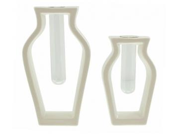 2x Vase 'Amphore' aus Porzellan, weiß glänzend, mit Reagenzglas, Blumenvase, Reagenzglasständer