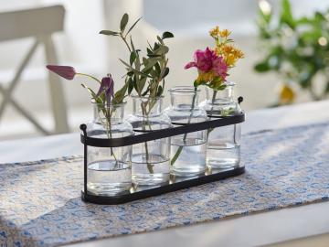 Vasenset 'Modern Art' in Flaschenform aus Glas, mit Vasenhalter aus Metall, schwarz, Blumenvase, Tischvase