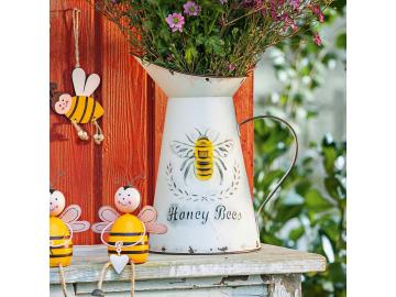 Dekokanne 'Biene' aus Metall, creme-weiß im Antik-Design mit Rost-Finish, Vase, Gießkanne, Metallkrug