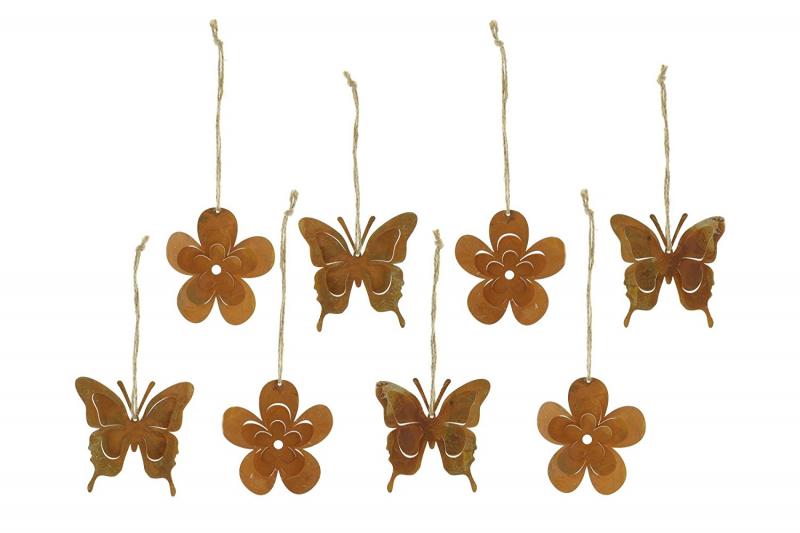 8 Dekohänger "Schmetterling & Blume" aus Metall in Rost Optik, Fensterdeko