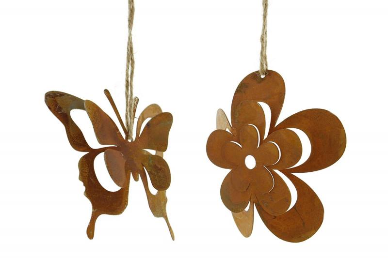 8 Dekohänger "Schmetterling & Blume" aus Metall in Rost Optik, Fensterdeko