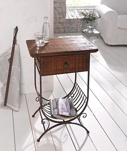 Beistelltisch "Country-Style" aus Holz & Metall, braun, im Antik Design, Telefontisch mit Schublade & Zeitungs-Ablage, Konsolentisch in rustikalem Shabby-Look