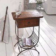 Beistelltisch "Country-Style" aus Holz & Metall, braun, im Antik Design, Telefontisch mit Schublade & Zeitungs-Ablage, Konsolentisch in rustikalem Shabby-Look