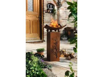 Dekosäule mit Feuerschale aus Metall in Rost Optik, Gartendeko, Feuerstelle