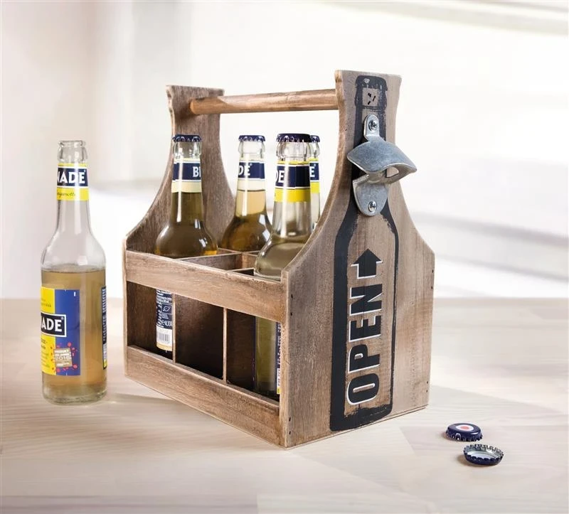 Flaschenträger aus Holz für 6 Bierflaschen, mit Öffner im Shabby Look