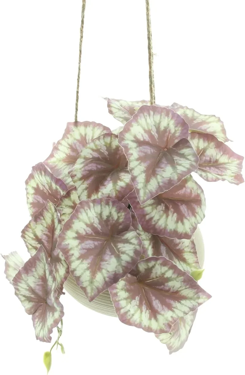 Kunstpflanze "Königsbegonie" im Hängetopf, Kunststoff, Keramik, Jute, Höhe 17 cm, Topf Ø 13 x 9 cm