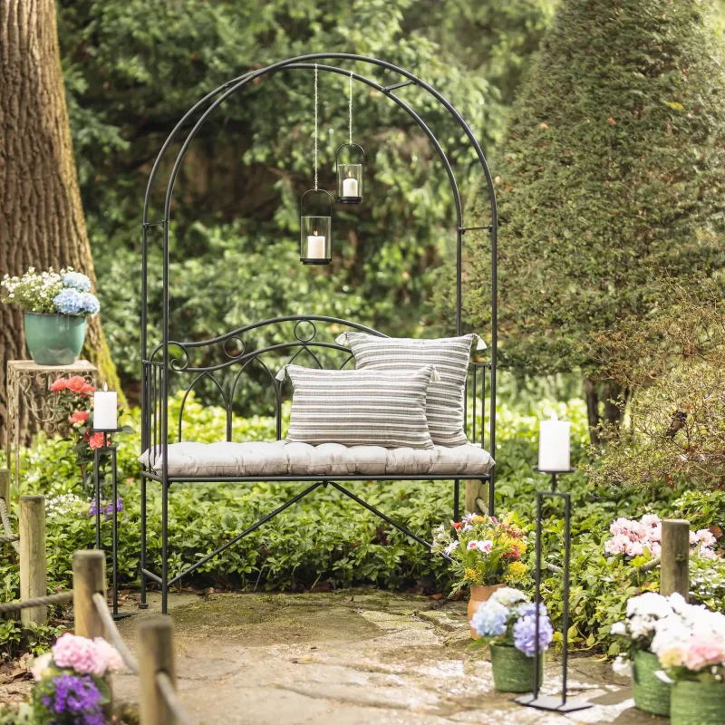 Sitzbank "Rankbogen" aus Metall, schwarz, 2sitzer Gartenbank mit Rosenbogen, Metallbank mit Rankhilfe