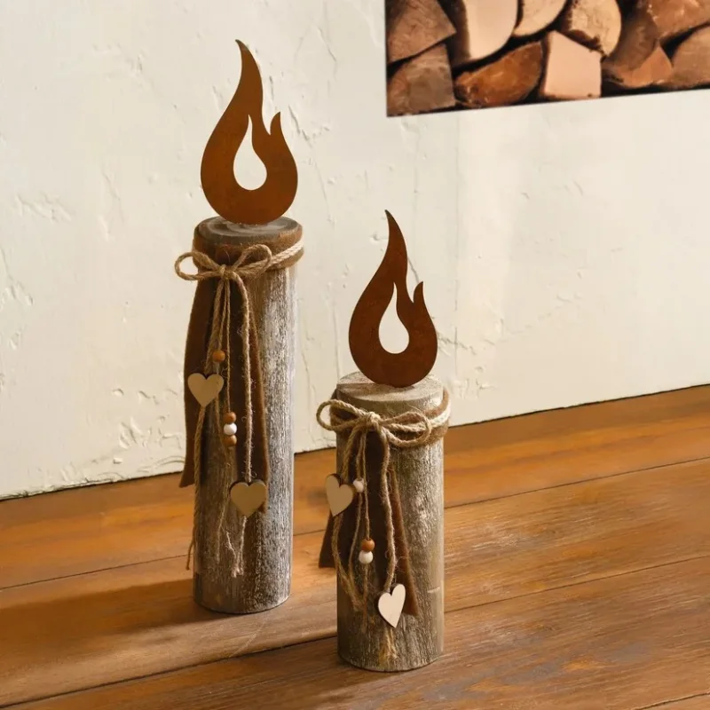 Säule "Flammendes Herz", im 2er Set Kerzen Deko Holz